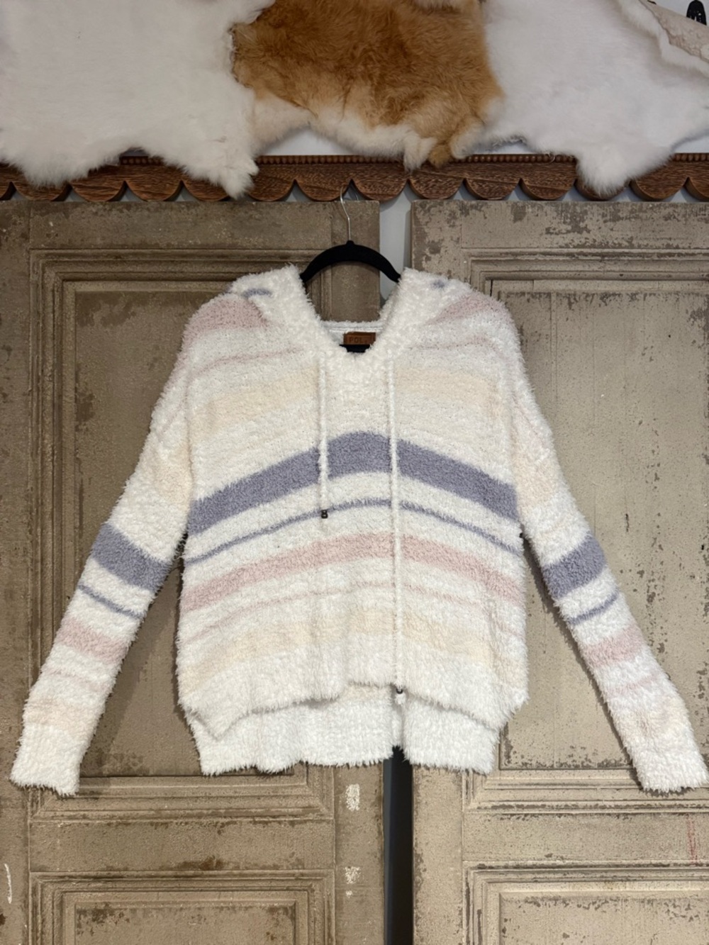 POL Cream Hooded V-Neck Sweater with Pink and Blue Stripes